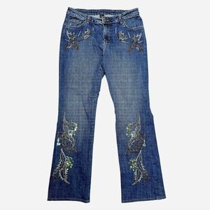 Womens Bootcut Blue Jeans Embellished Sequins Beaded Floral Bell Bottom Size 14